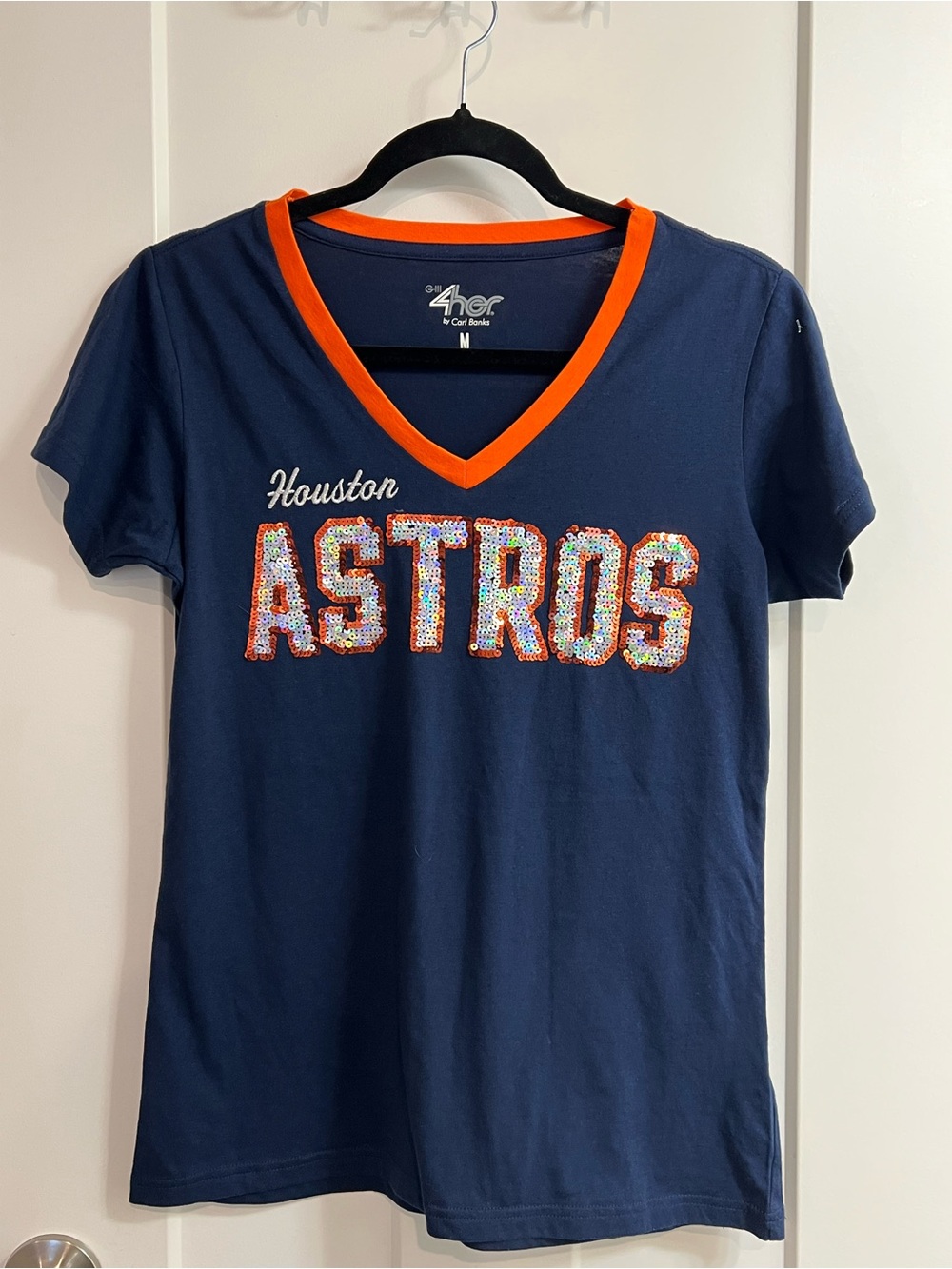 G-III V-Neck Houston Astros Sequin Logo Tee Sparkle Embroidery